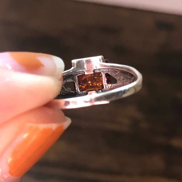 Vintage stamped silver ring amber square cabochon glows sz 7.25 boho - Picture 5 of 13